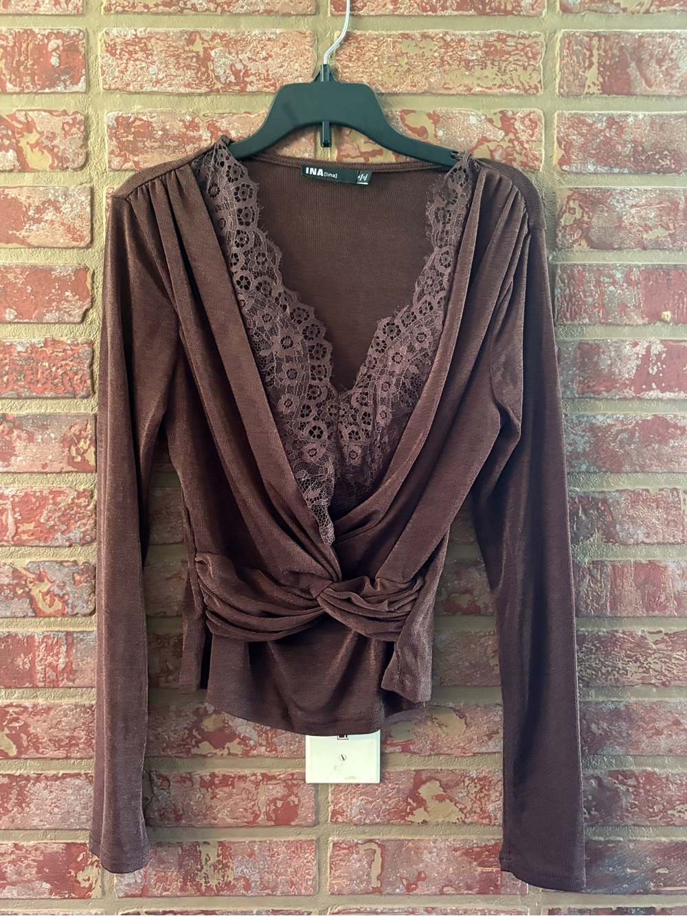 Ina Chocolate Brown Lace-Trim Twist Front Long Sleeve Top